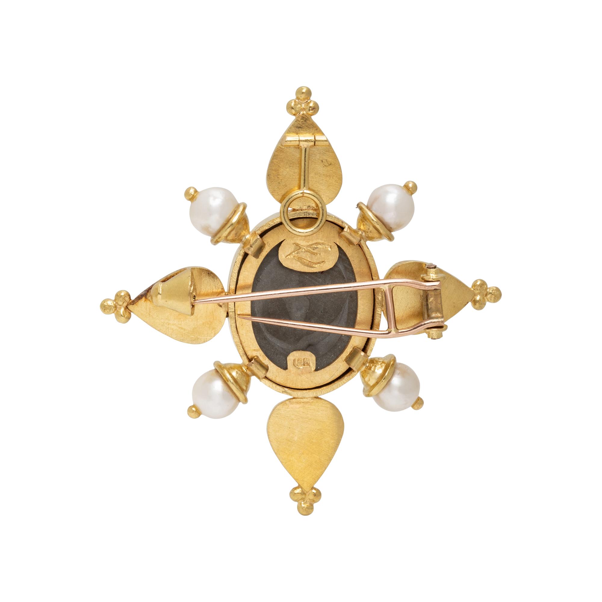 ELIZABETH LOCKE, LAVA CAMEO AND CULTURED PEARL BROOCH PENDANT