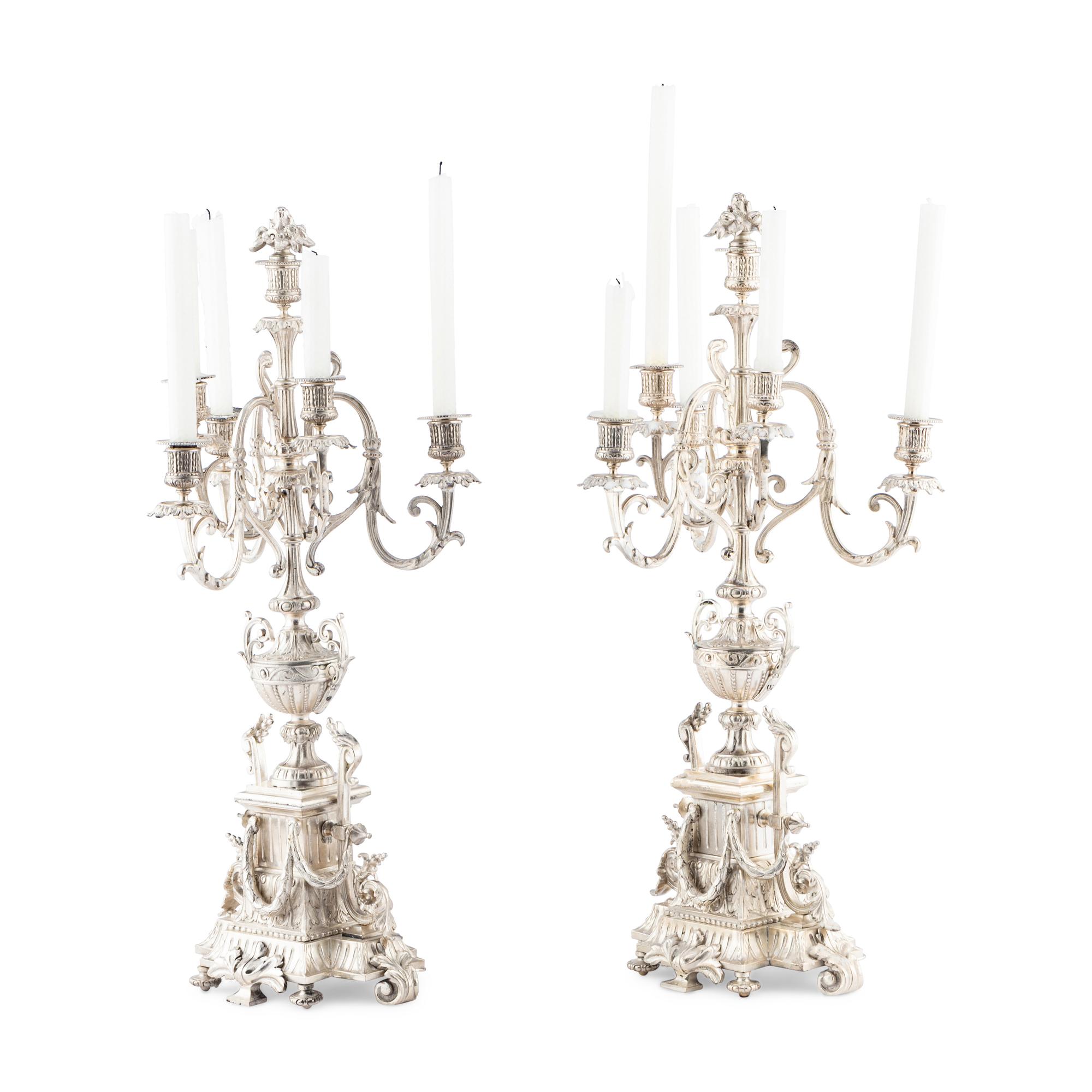 A Pair of Napoleon III Silvered Bronze Six-Light Candelabra
