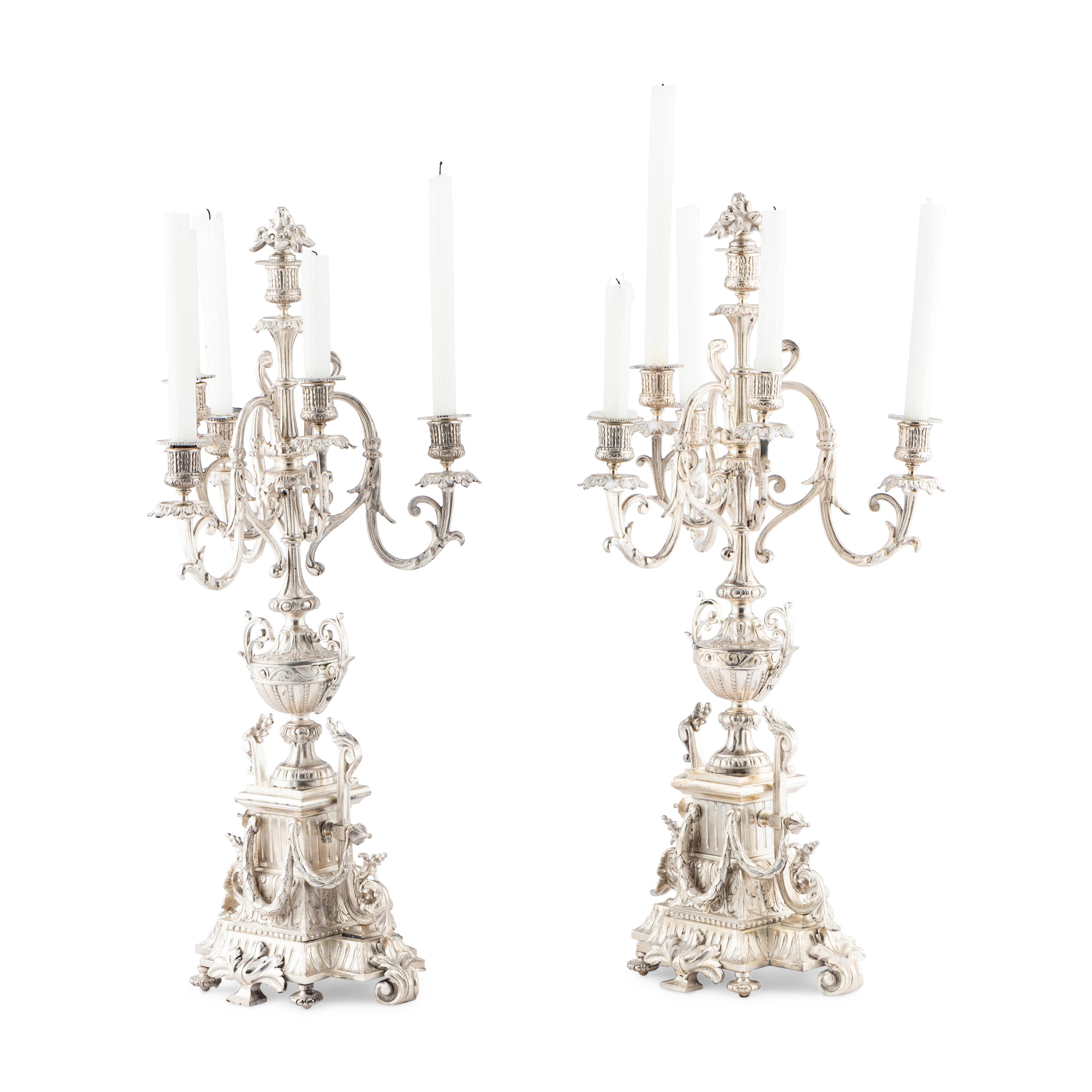 A Pair of Napoleon III Silvered Bronze Six-Light Candelabra