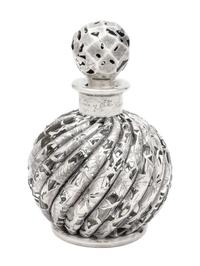 A Silver Overlay Glass Bottle Height 6 3/4 inches.