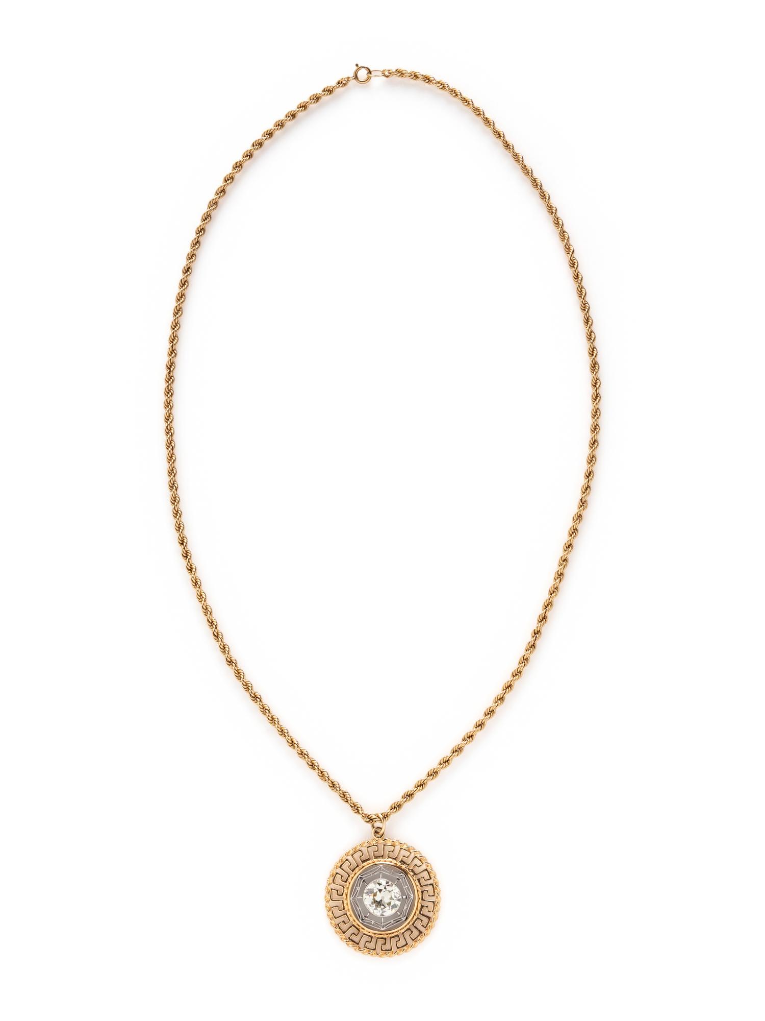 OLD EUROPEAN CUT DIAMOND AND YELLOW GOLD PENDANT NECKLACE