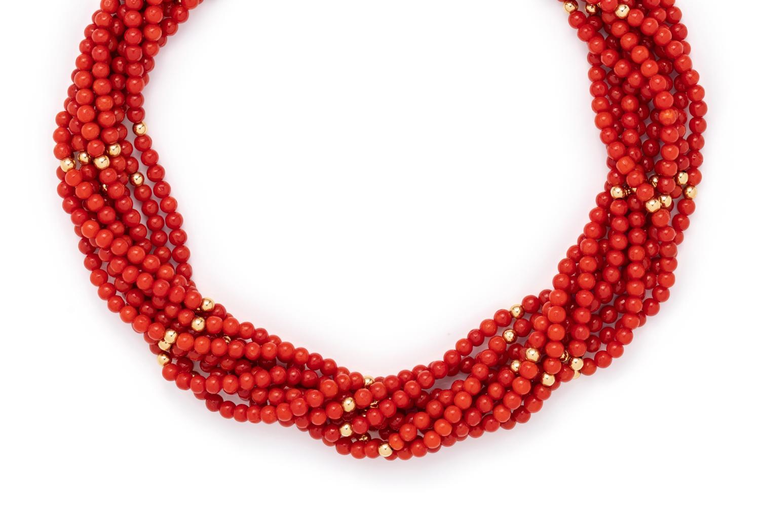 YELLOW GOLD AND CORAL TORSADE NECKLACE