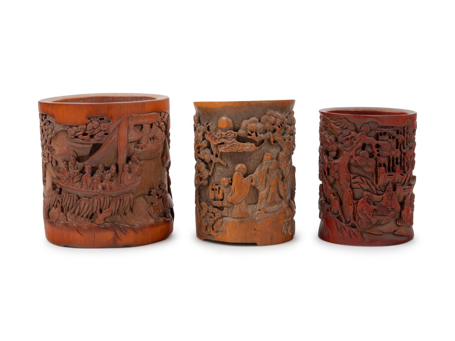 Three Chinese Bamboo Brush Pots, Bitong