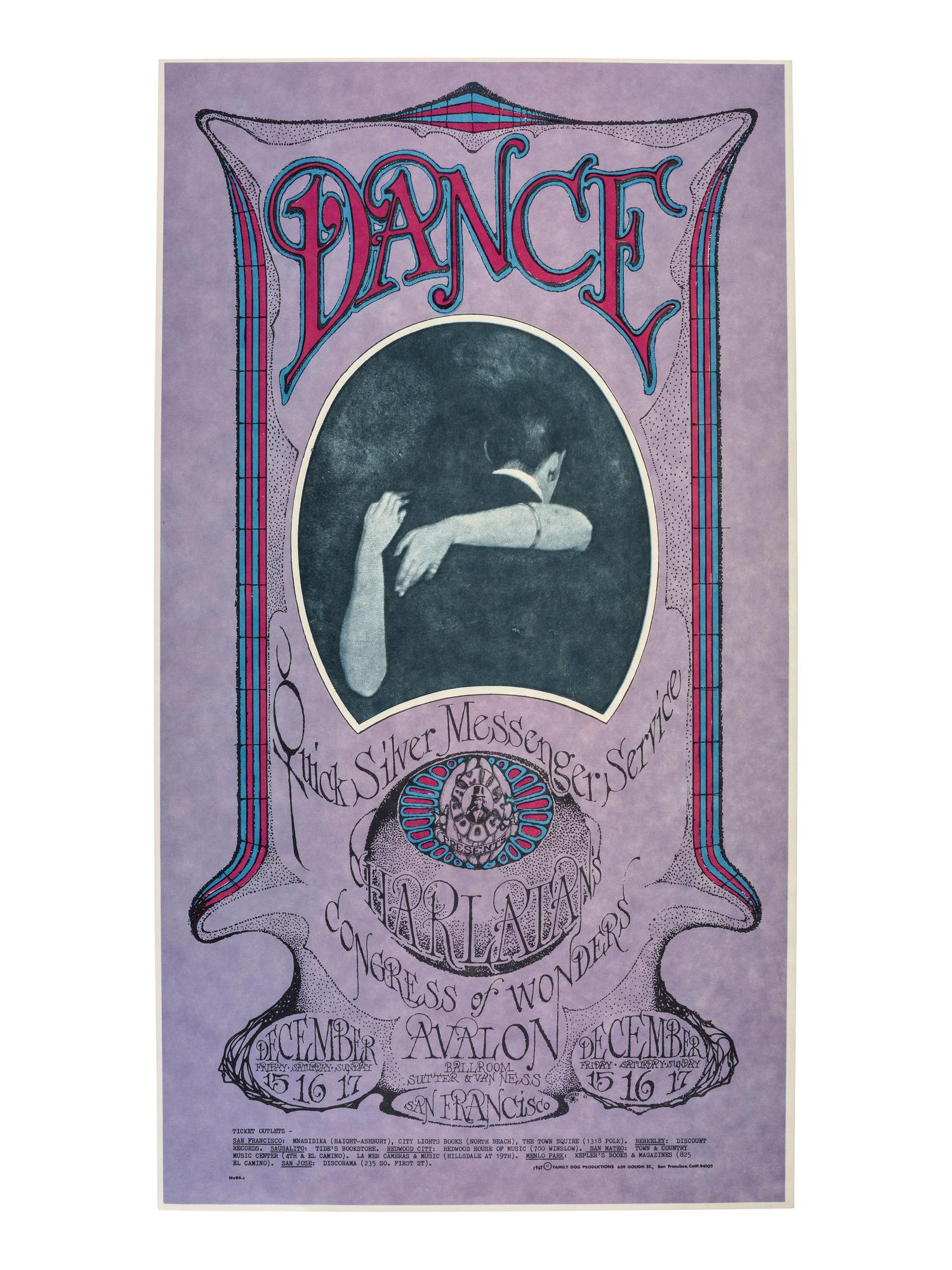 [MUSIC] -- [POSTERS]. JOHNSON, Chris, HENRY, William S., GOMEZ, Joe, GRIFFIN, Rick, and MOSCOSO, Victor, artists. A group of 8 Family Dog posters from 1967, comprising: