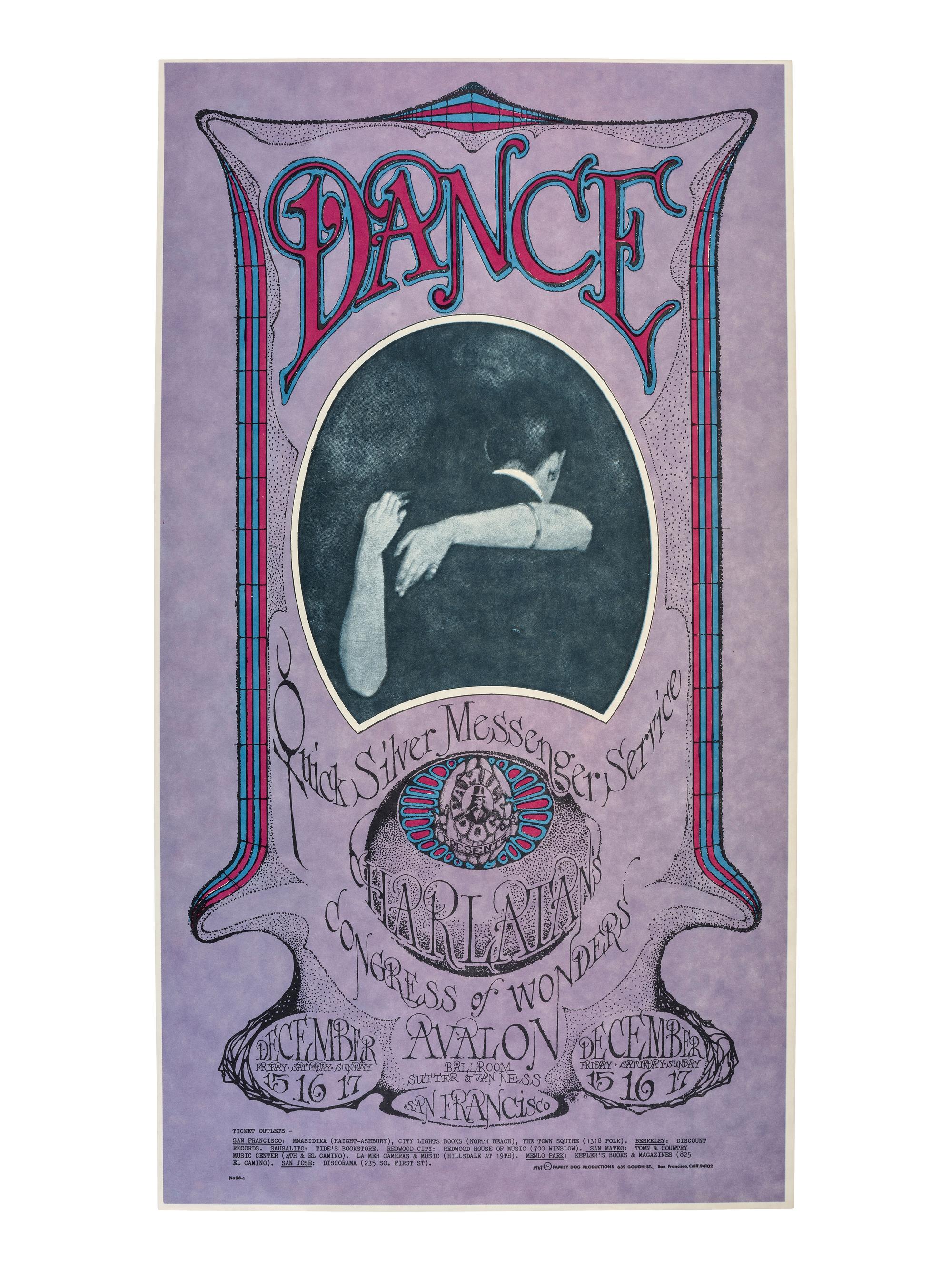 [MUSIC] -- [POSTERS]. JOHNSON, Chris, HENRY, William S., GOMEZ, Joe, GRIFFIN, Rick, and MOSCOSO, Victor, artists. A group of 8 Family Dog posters from 1967, comprising: