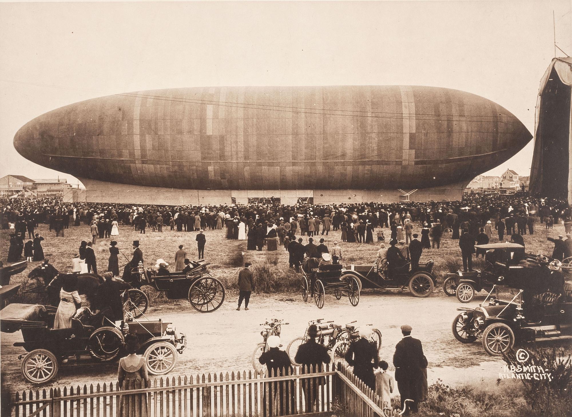 [EARLY PHOTOGRAPHY -- AVIATION]. SMITH, H.B. photographer. Silver gelatin photograph of a Baldwin Type Dirigible. Atlantic City, NJ, [1910].