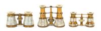 Three Pairs of French Mother-of-Pearl Veneered Opera Glasses, Width of first 4 1/8 inches.