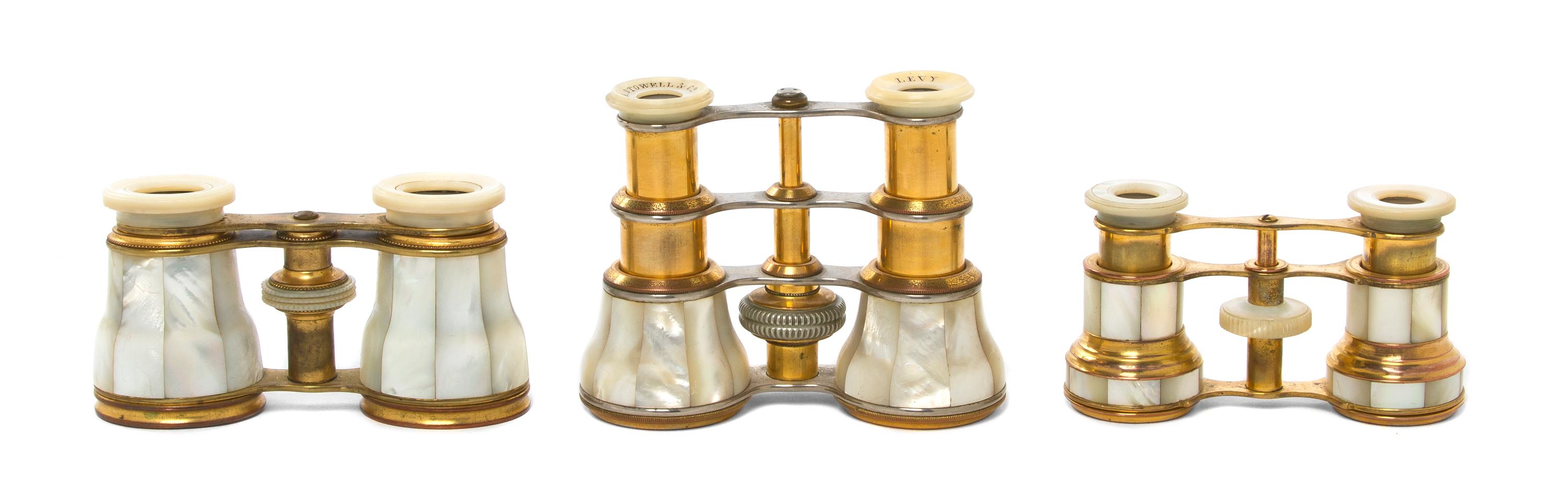 Three Pairs of French Mother-of-Pearl Veneered Opera Glasses, Width of first 4 1/8 inches.