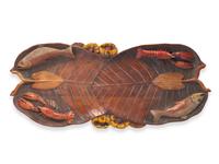 A Carved and Painted Wood Tray with Fish and Lobsters