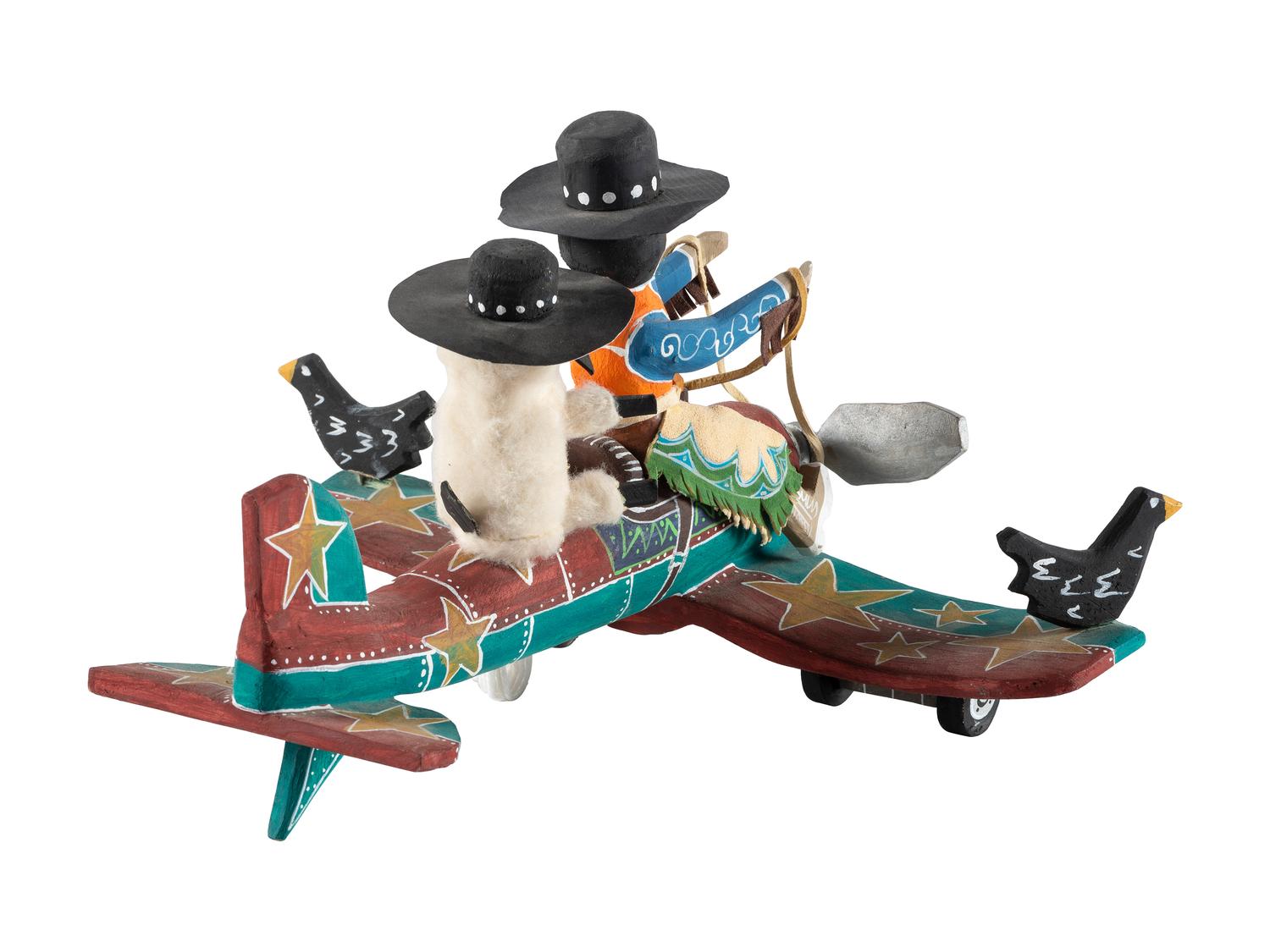 Carved and Painted Airplane, with Cowboy Pilot and Sheep Copilot
