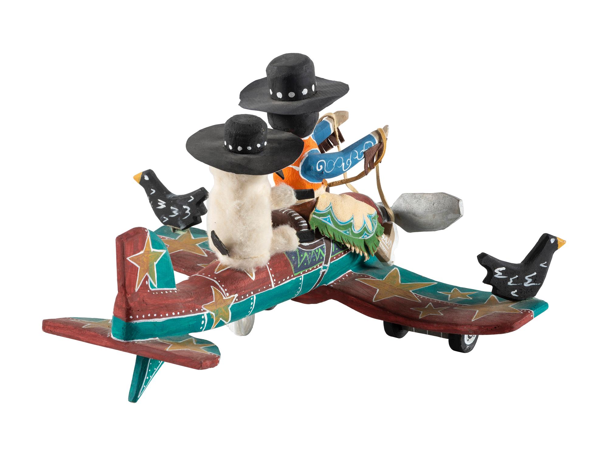 Carved and Painted Airplane, with Cowboy Pilot and Sheep Copilot