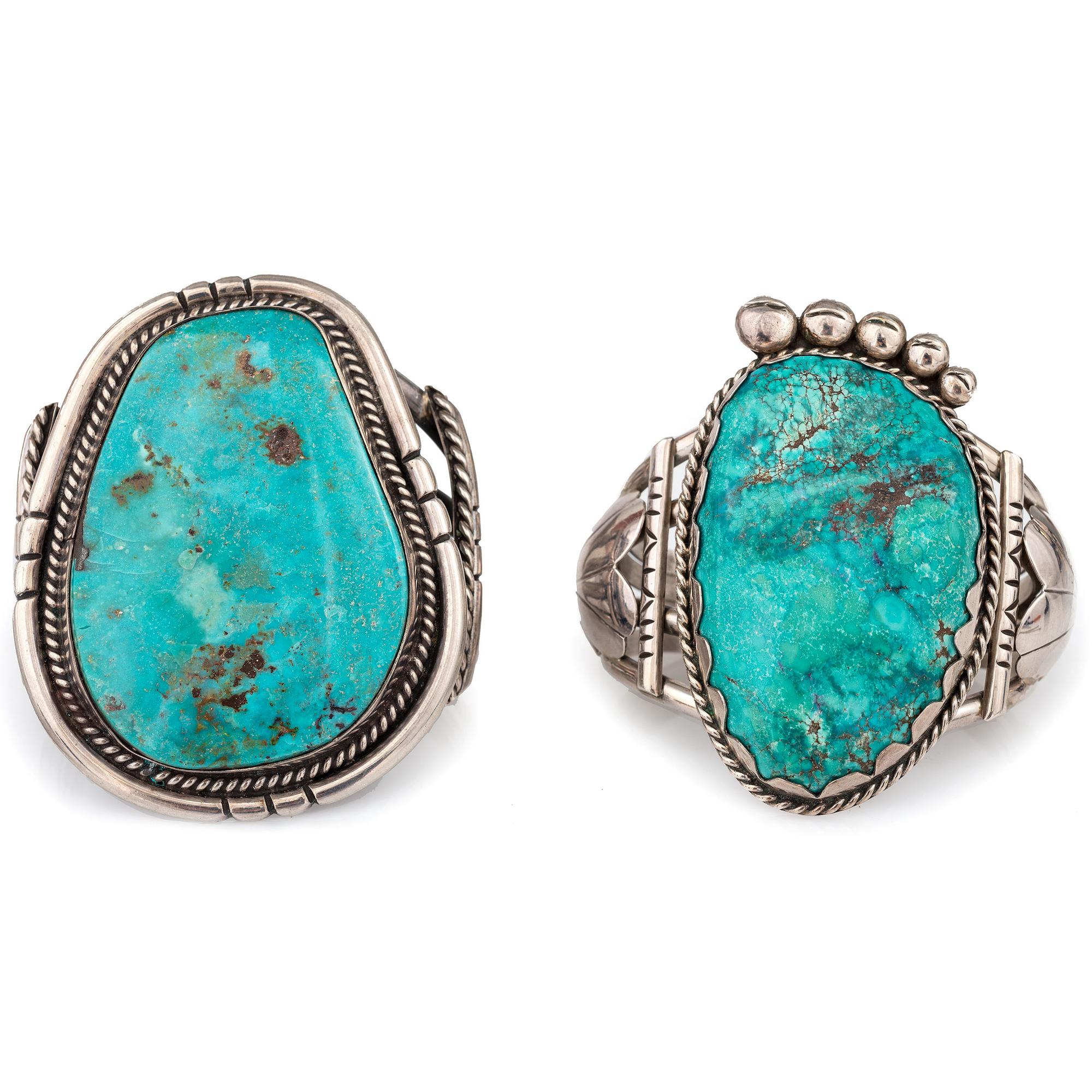 Pair of Heavy Navajo Silver and Turquoise Cuff Bracelets
