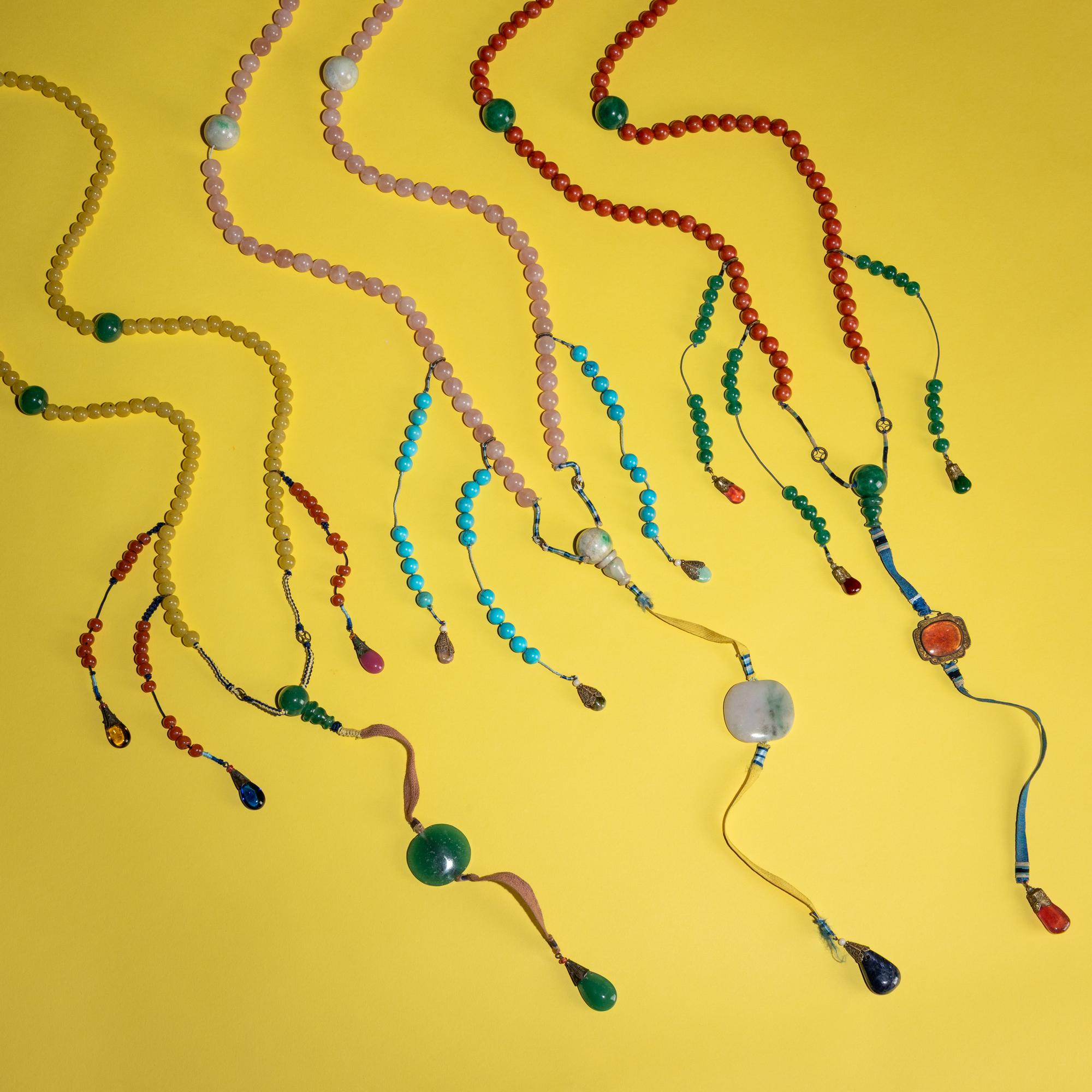 Three Chinese Court Necklaces, Chaozhu, Late 19th-Early 20th Century — 清晚期 水晶、料器朝珠三挂