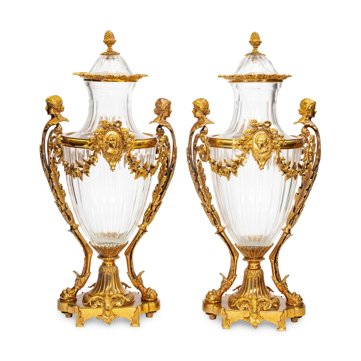 A Pair of Baccarat Gilt Bronze Mounted Glass Urns