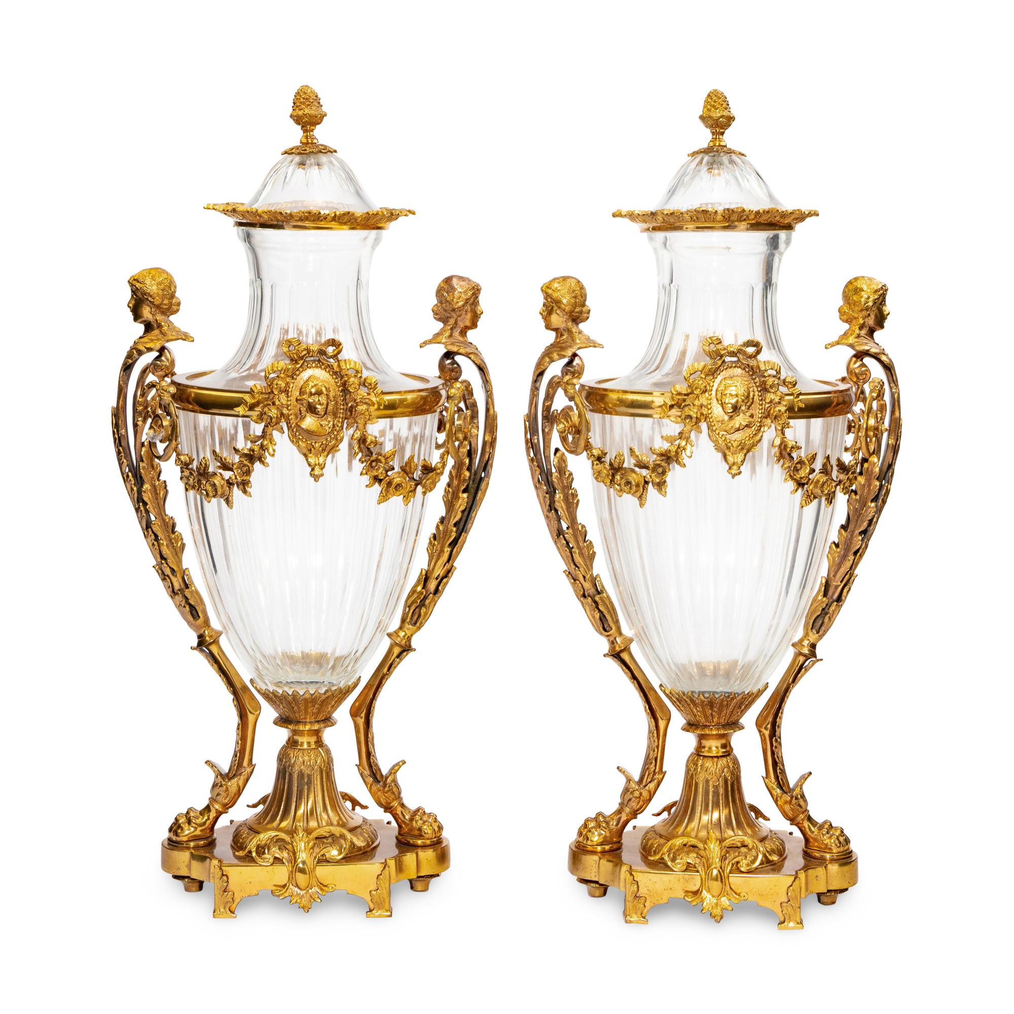 A Pair of Baccarat Gilt Bronze Mounted Glass Urns