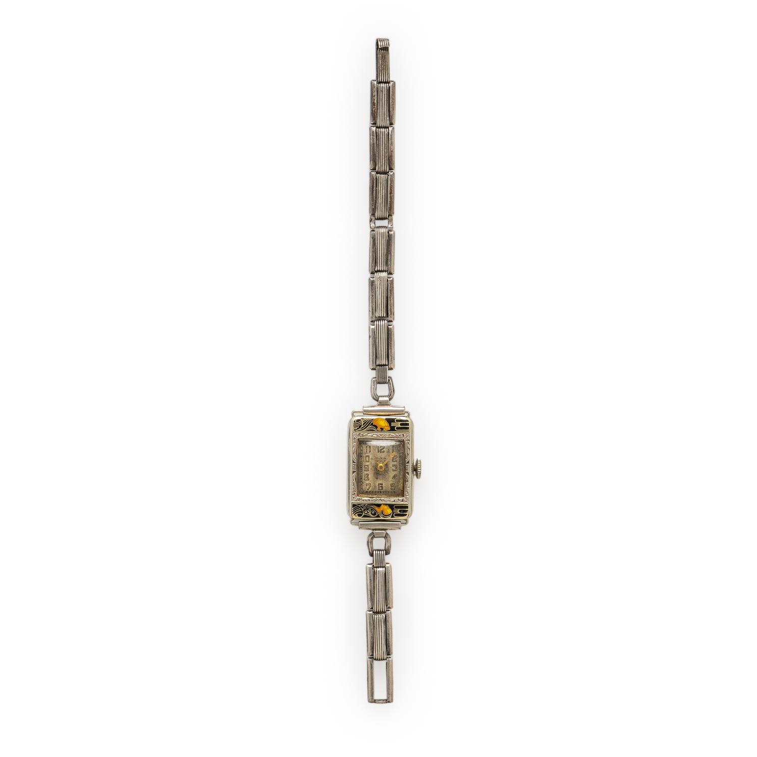 Art Deco, Elgin, White Gold, Sterling Silver, and Enamel Watch