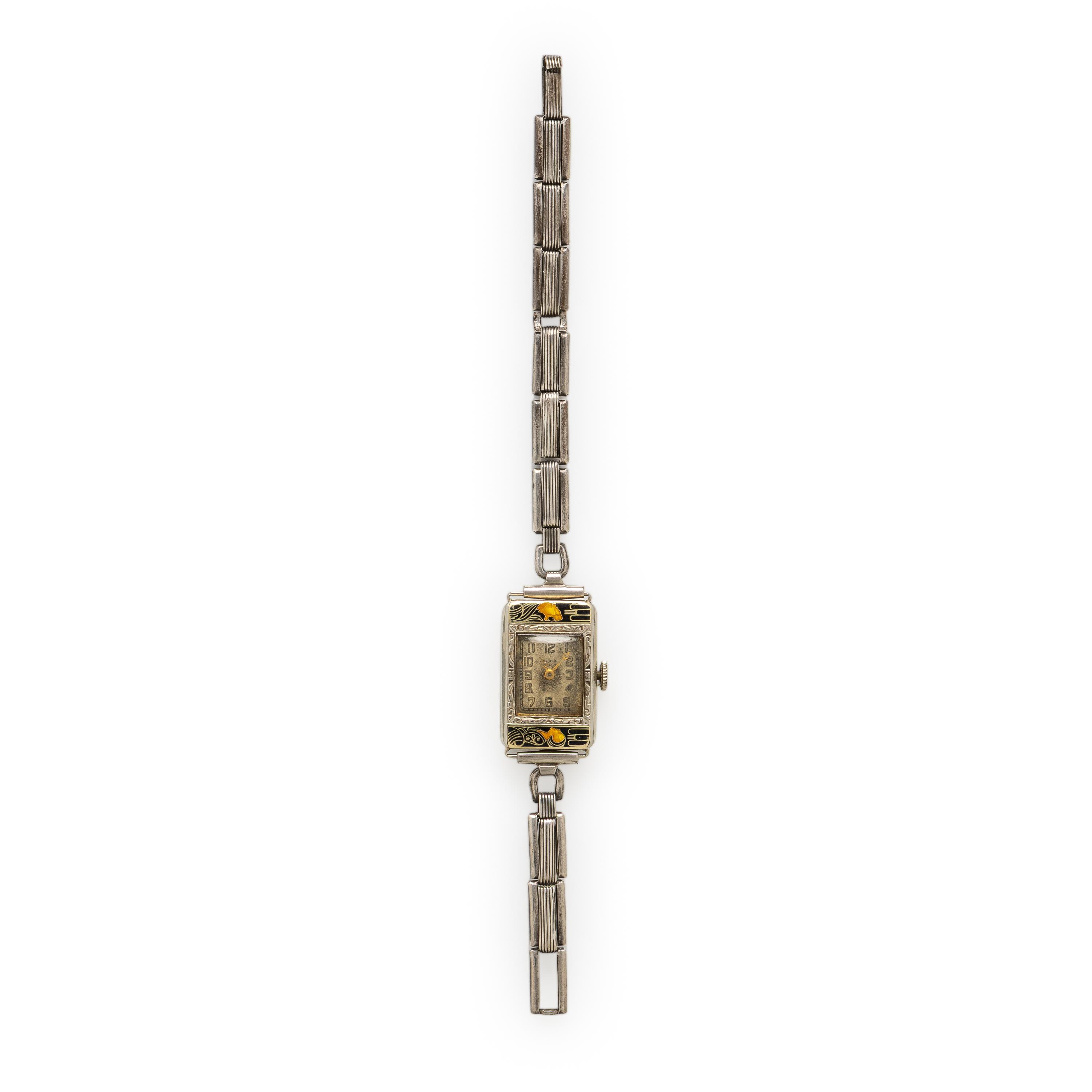Art Deco, Elgin, White Gold, Sterling Silver, and Enamel Watch