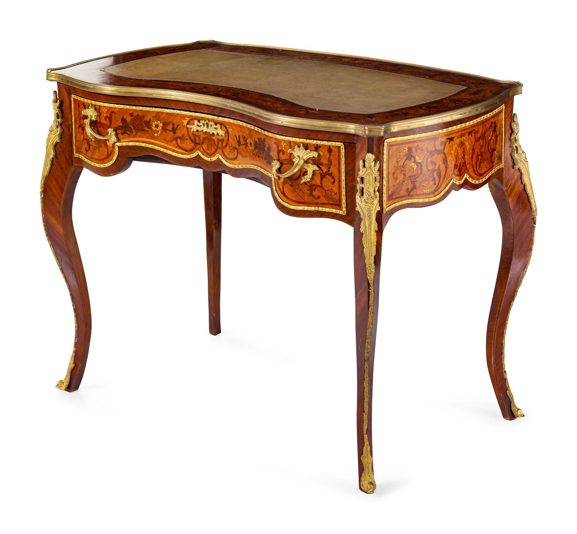 A Louis XV Style Gilt Bronze Mounted Marquetry Bureau Plat