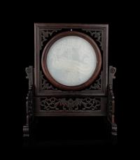A Chinese Glass Inset Hardwood Table Screen