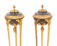 A Pair of Empire Style Gilt and Patinated Bronze Cassolettes