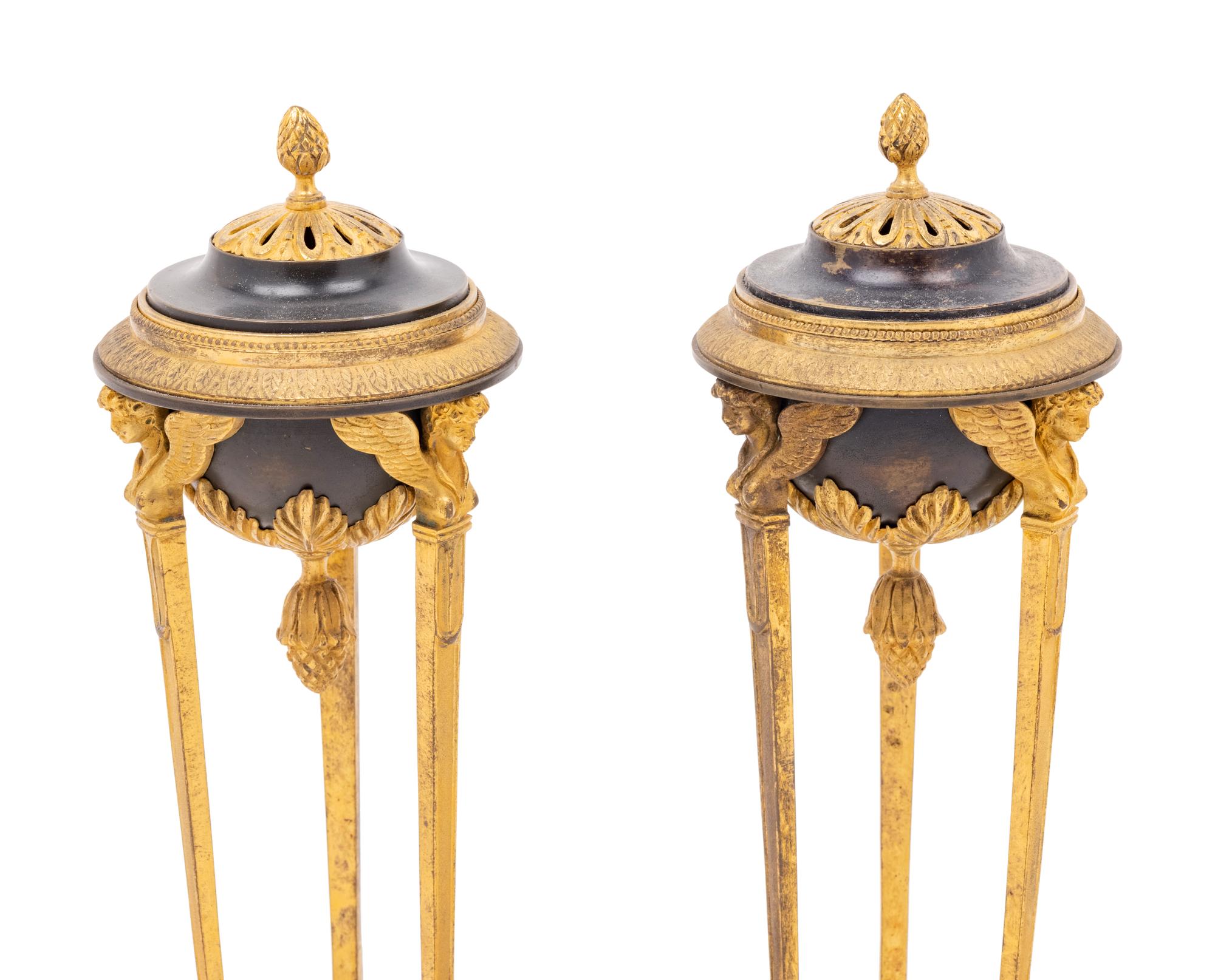 A Pair of Empire Style Gilt and Patinated Bronze Cassolettes