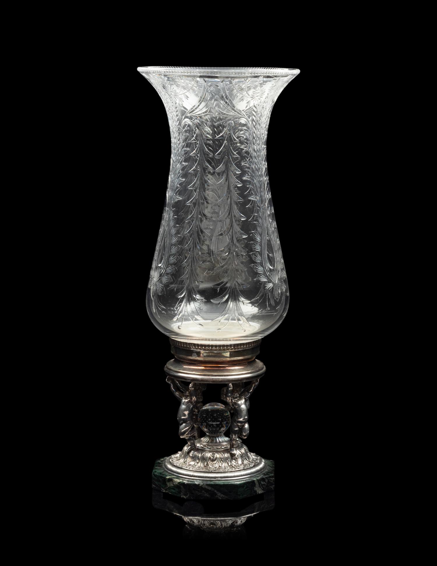 A Cut Glass, Silver-Plate and Marble Hurricane Candlestick