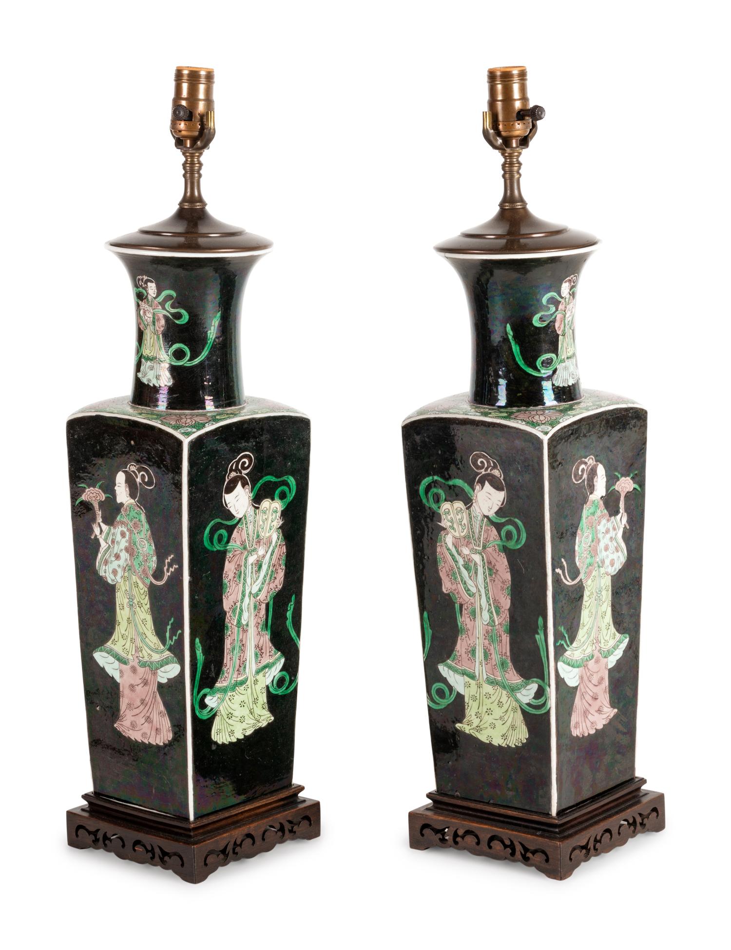 A Pair of Chinese Famille Noire Porcelain Vases