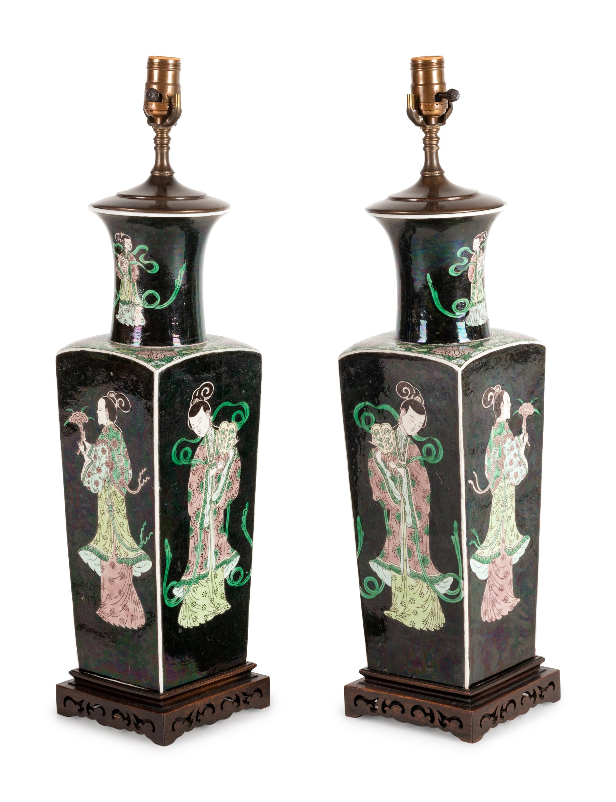 A Pair of Chinese Famille Noire Porcelain Vases