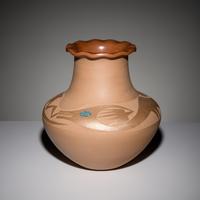 Russell Sanchez (San Ildefonso, b. 1963) — Two-toned Sienna Pottery Jar, with Lone Mountain Turquoise Cabochon, 1989