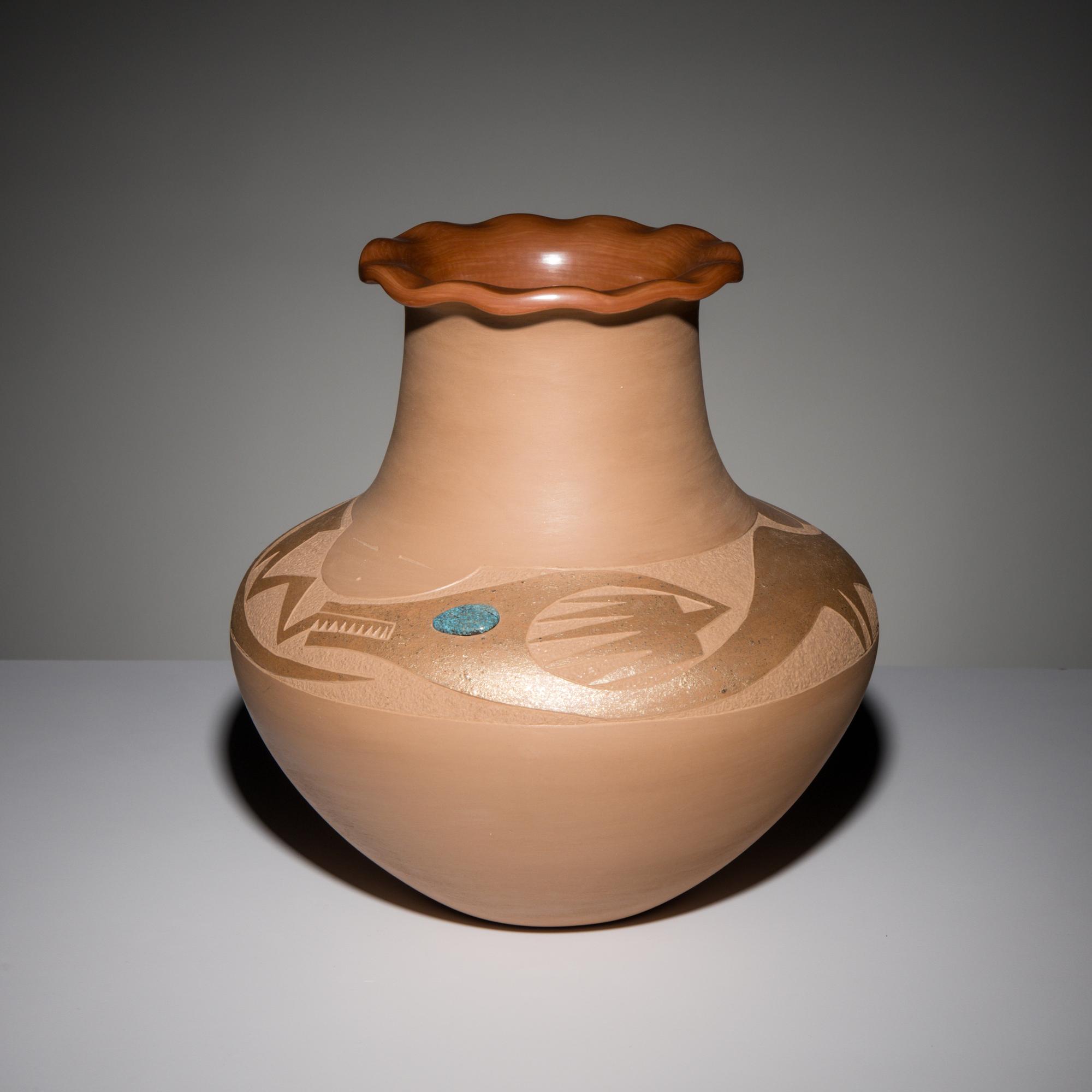 Russell Sanchez (San Ildefonso, b. 1963) — Two-toned Sienna Pottery Jar, with Lone Mountain Turquoise Cabochon, 1989