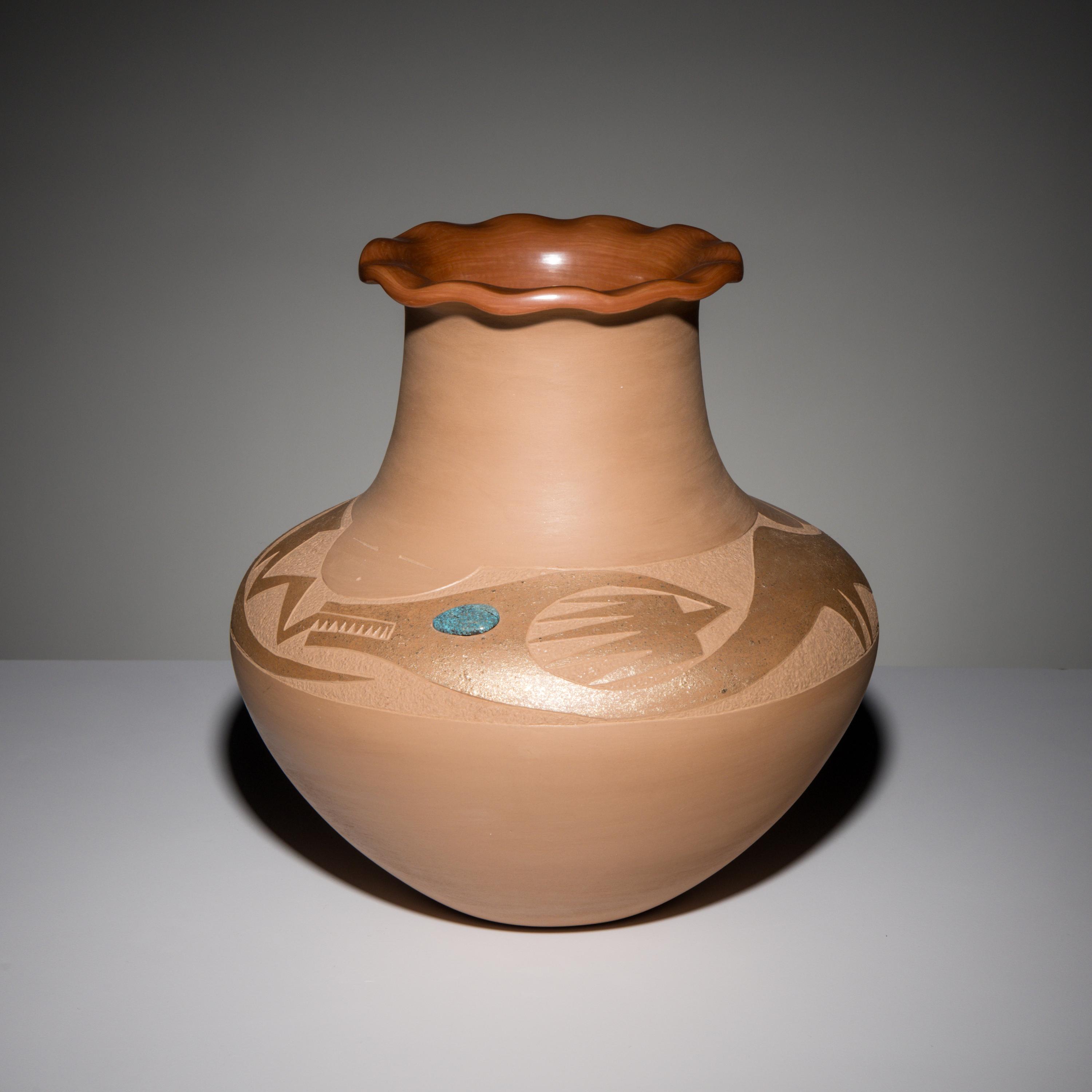 Russell Sanchez (San Ildefonso, b. 1963) — Two-toned Sienna Pottery Jar, with Lone Mountain Turquoise Cabochon, 1989