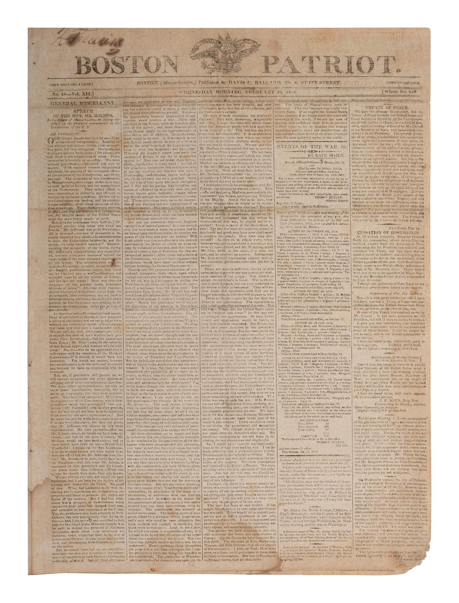 [WAR OF 1812]. Boston Patriot . No. 48, Vol. XIL. Boston, MA: Davis C. Ballard, 22 February 1815.