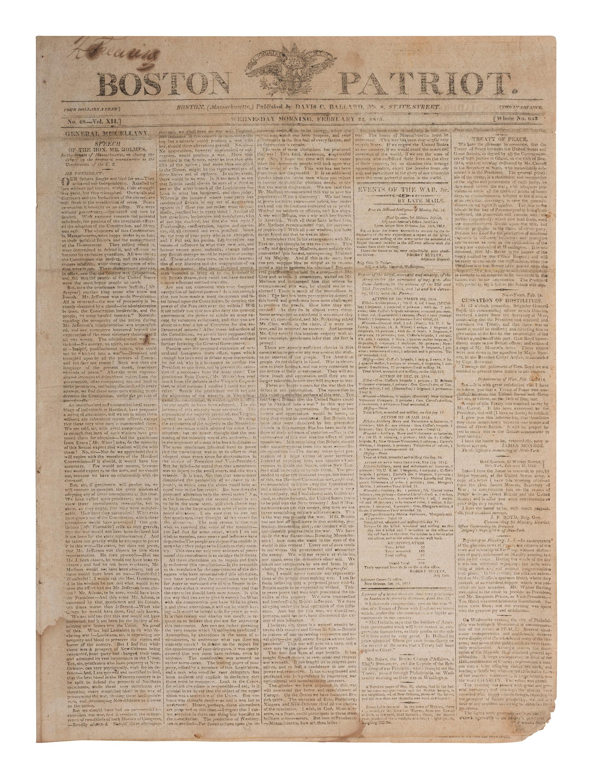 [WAR OF 1812]. Boston Patriot . No. 48, Vol. XIL. Boston, MA: Davis C. Ballard, 22 February 1815.
