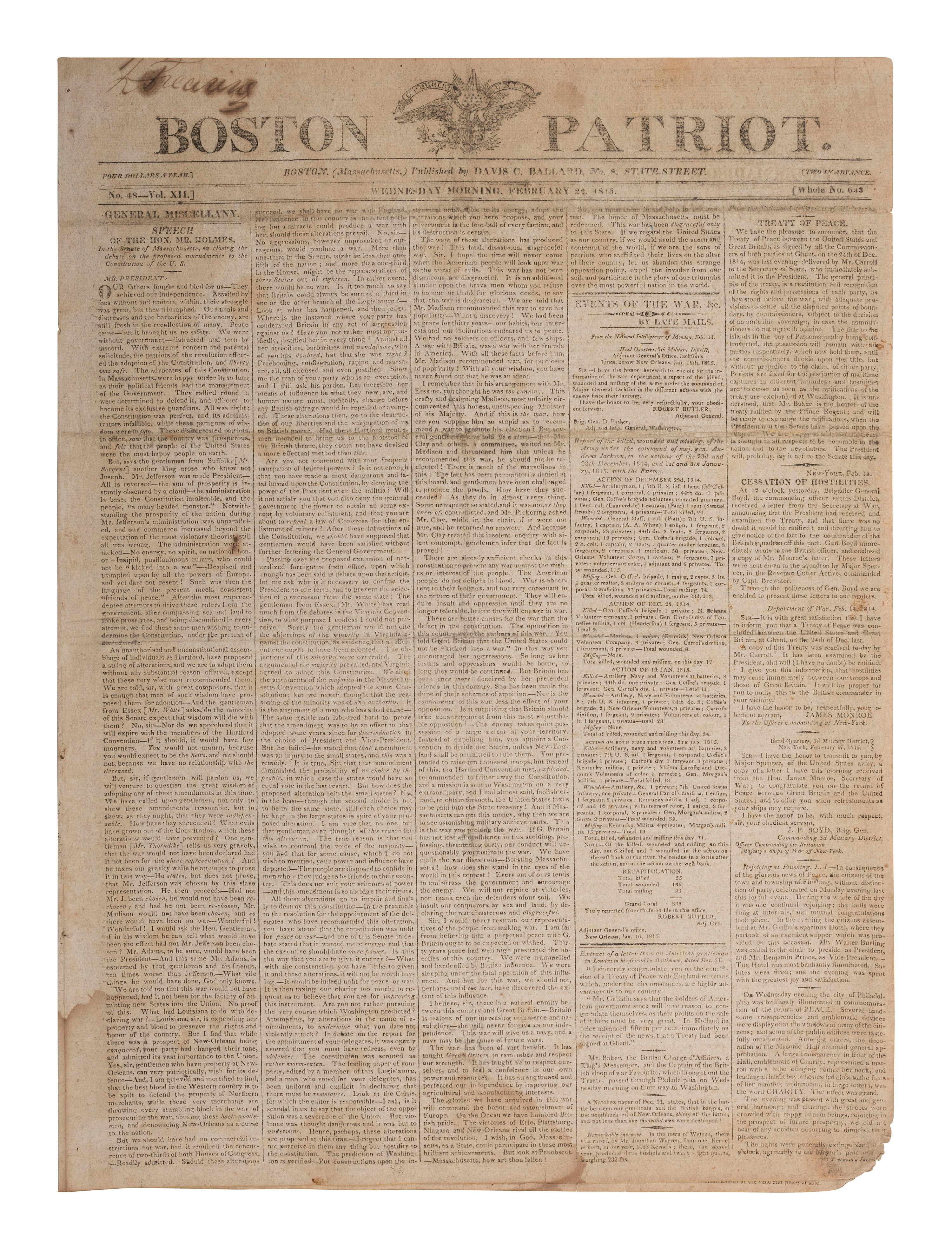 [WAR OF 1812]. Boston Patriot . No. 48, Vol. XIL. Boston, MA: Davis C. Ballard, 22 February 1815.