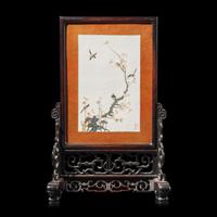 A Chinese Famille Rose Porcelain and Carved Wood Table Screen, 19th to Early 20th Century 晚清-民國 “梅雀爭春”瓷板插屏