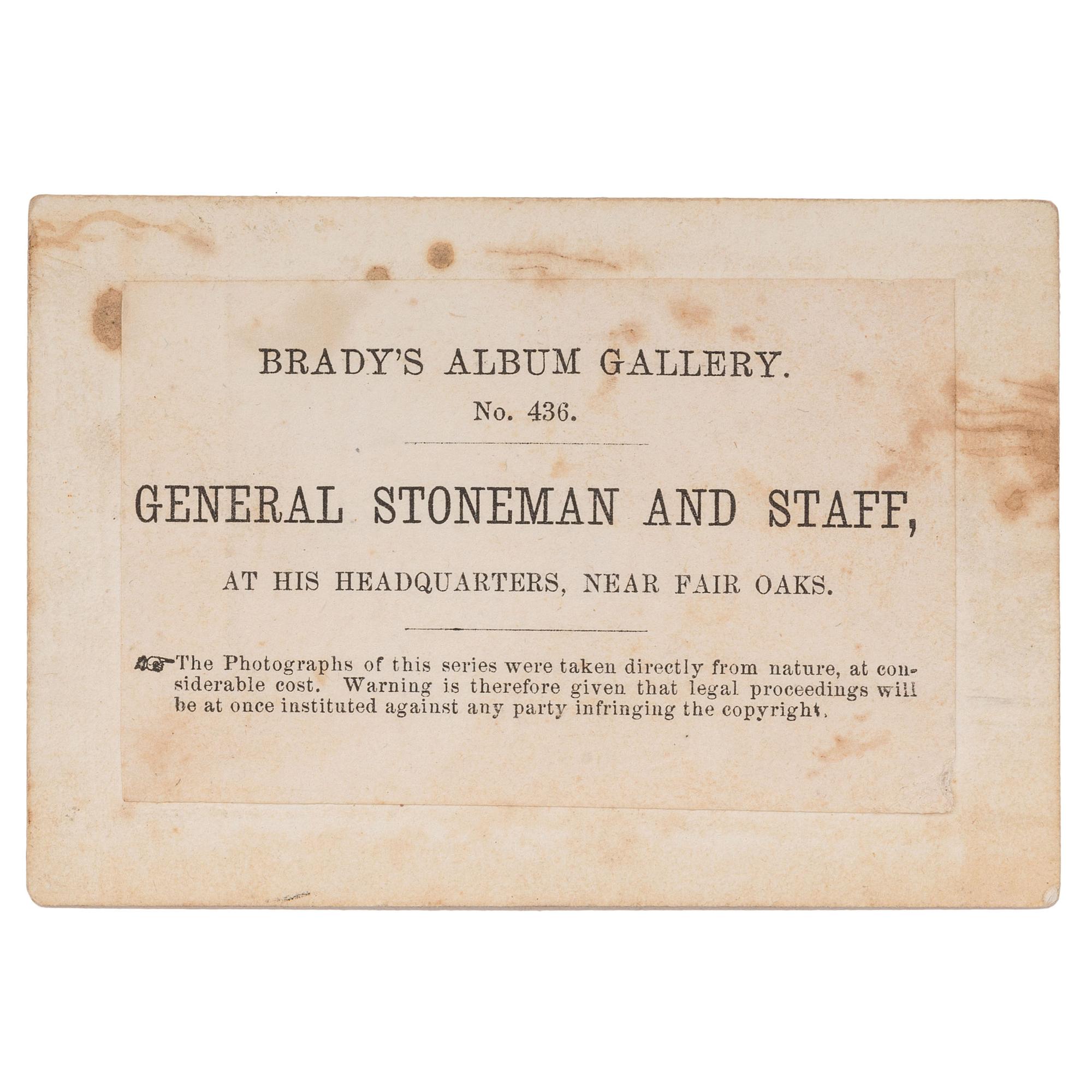 [CIVIL WAR]. BRADY, Mathew, photographer. General Stoneman and Staff, at his Headquarters, Near Fair Oaks . [Washington, DC: Gardner & Gibson, 1862].
