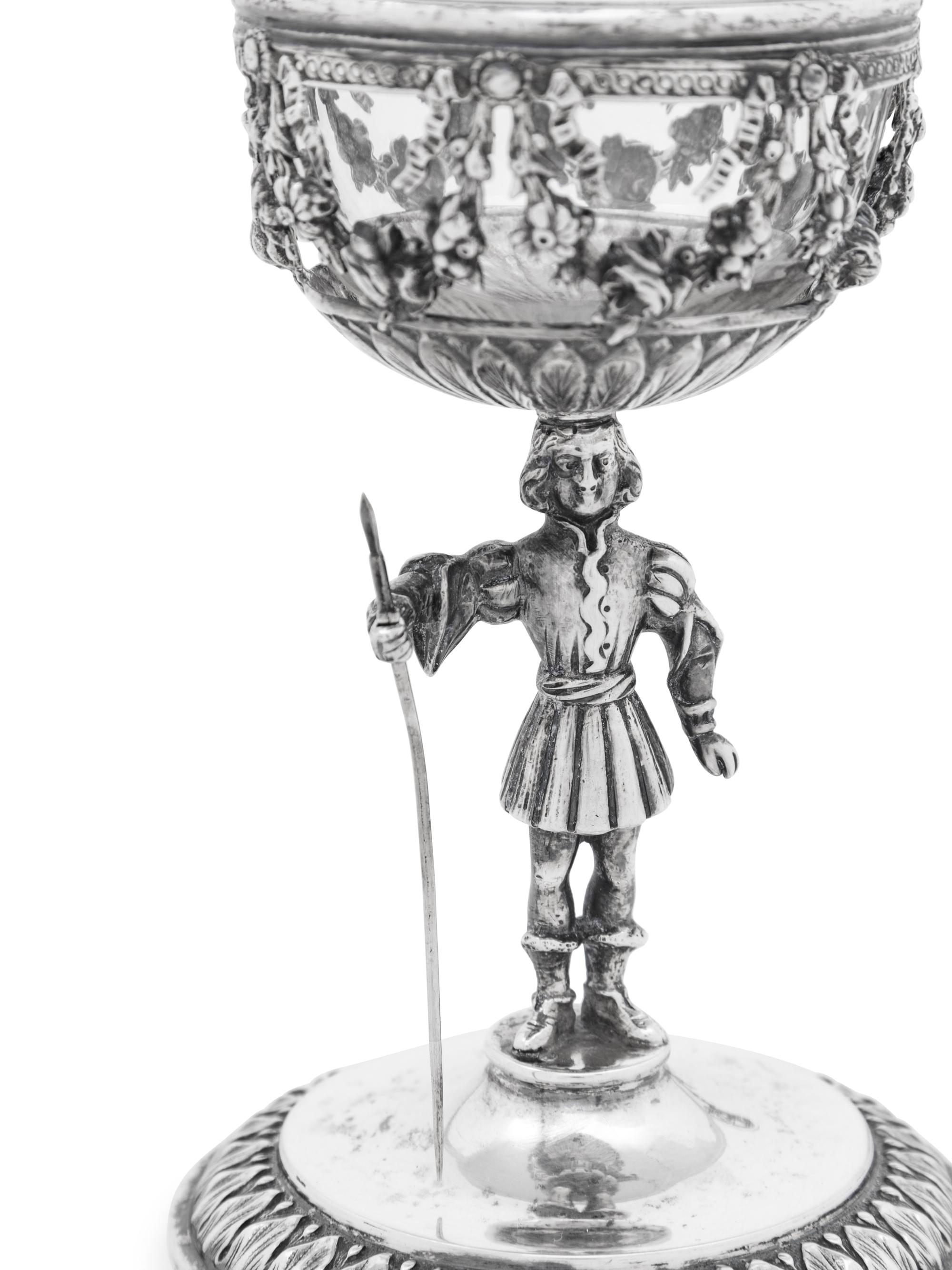 A Pair of German Silver Figural Goblets with Glass Liners