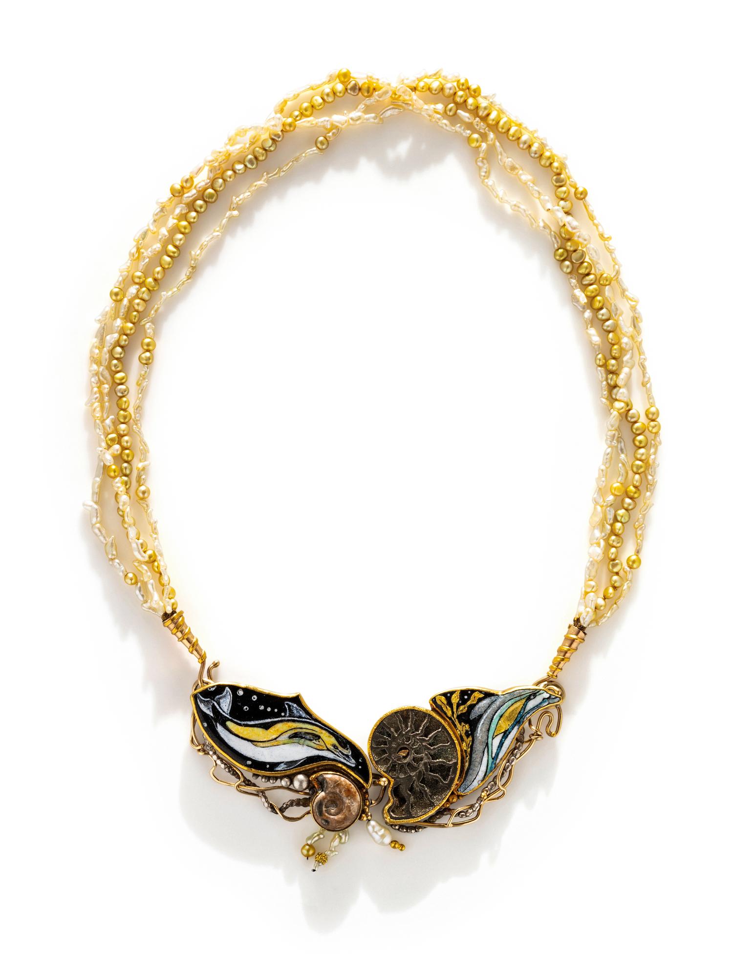 MARIANNE HUNTER, GOLD, SILVER, PEARL, AND ENAMEL NECKLACE