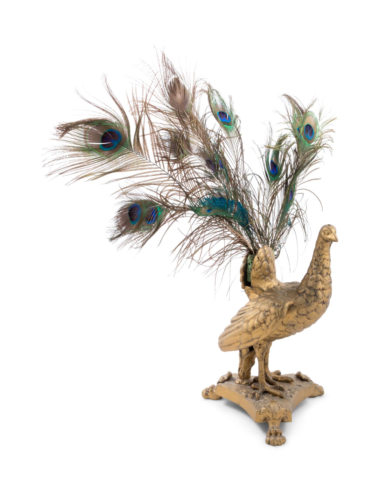 A Neoclassical Gilt Metal and Feathered Peacock Table Lamp
