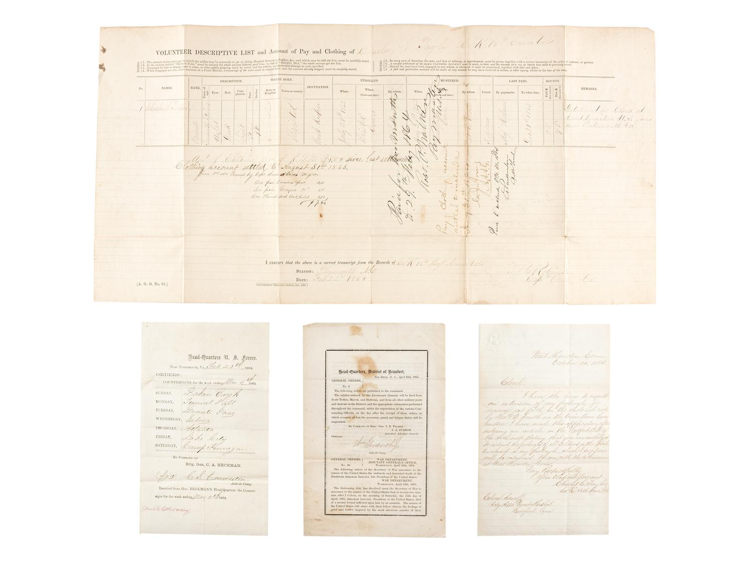 [CIVIL WAR]. Knapsack with contents carried by Private Charles L. Taylor, Company K, 16th Connecticut Volunteer Infantry.