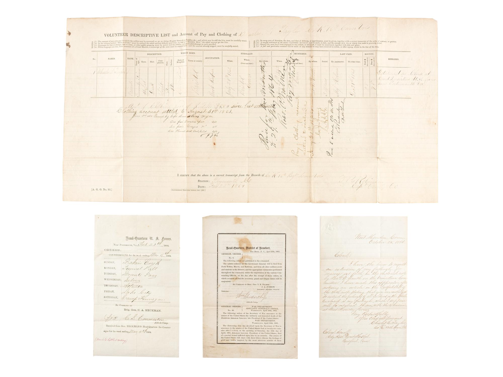 [CIVIL WAR]. Knapsack with contents carried by Private Charles L. Taylor, Company K, 16th Connecticut Volunteer Infantry.