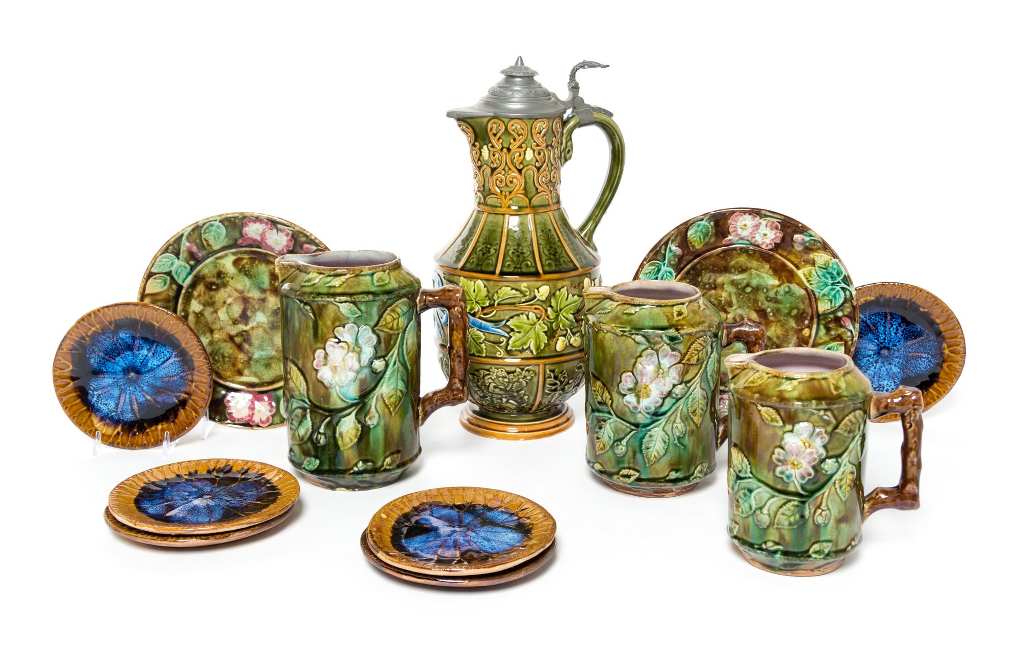 A Group of Majolica Table Articles Height of tallest 14 1/8 inches.