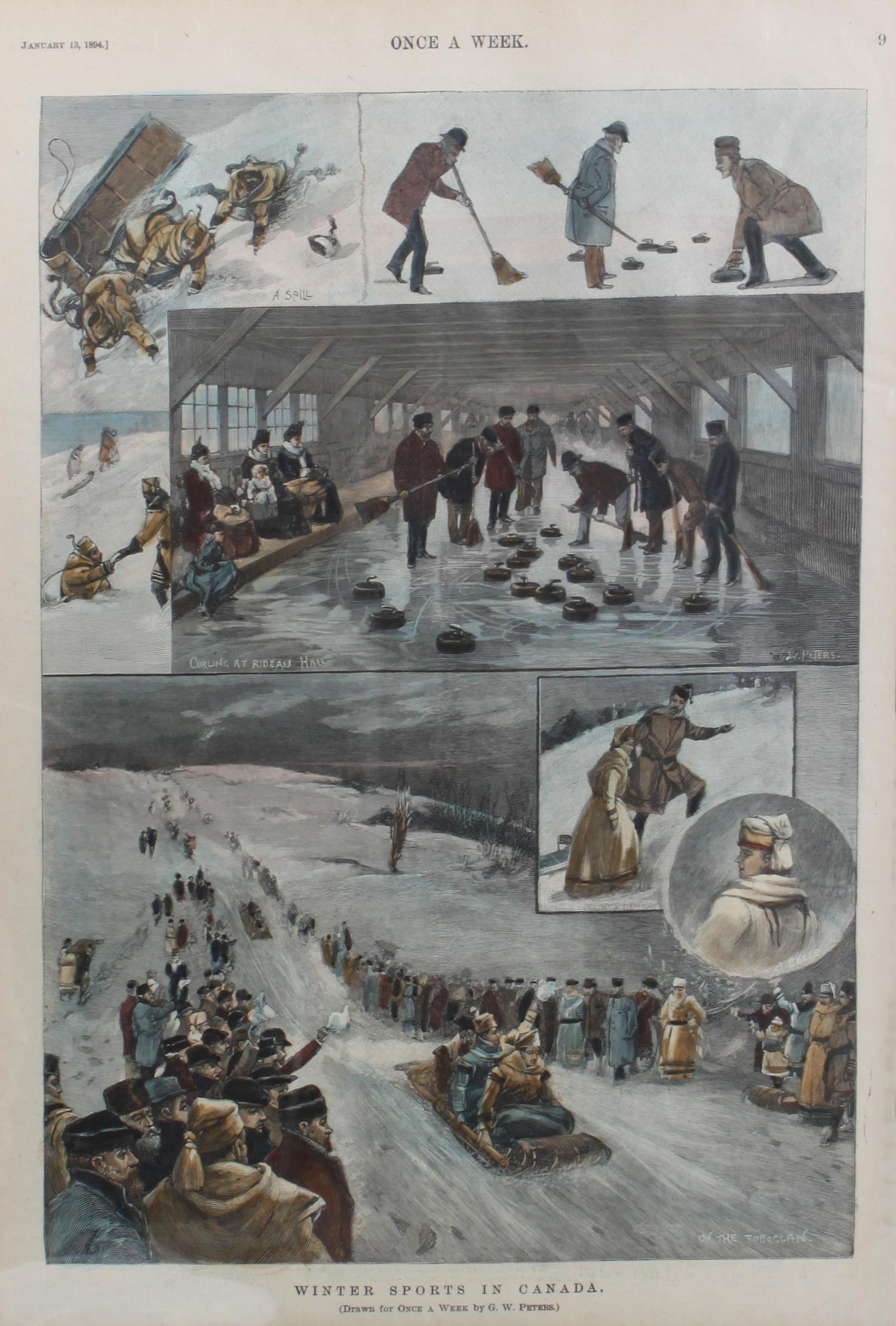 Six Hand Colored Winter Sports Prints Height 15 x width 10 inches (largest) — LATE 19th CENTURY