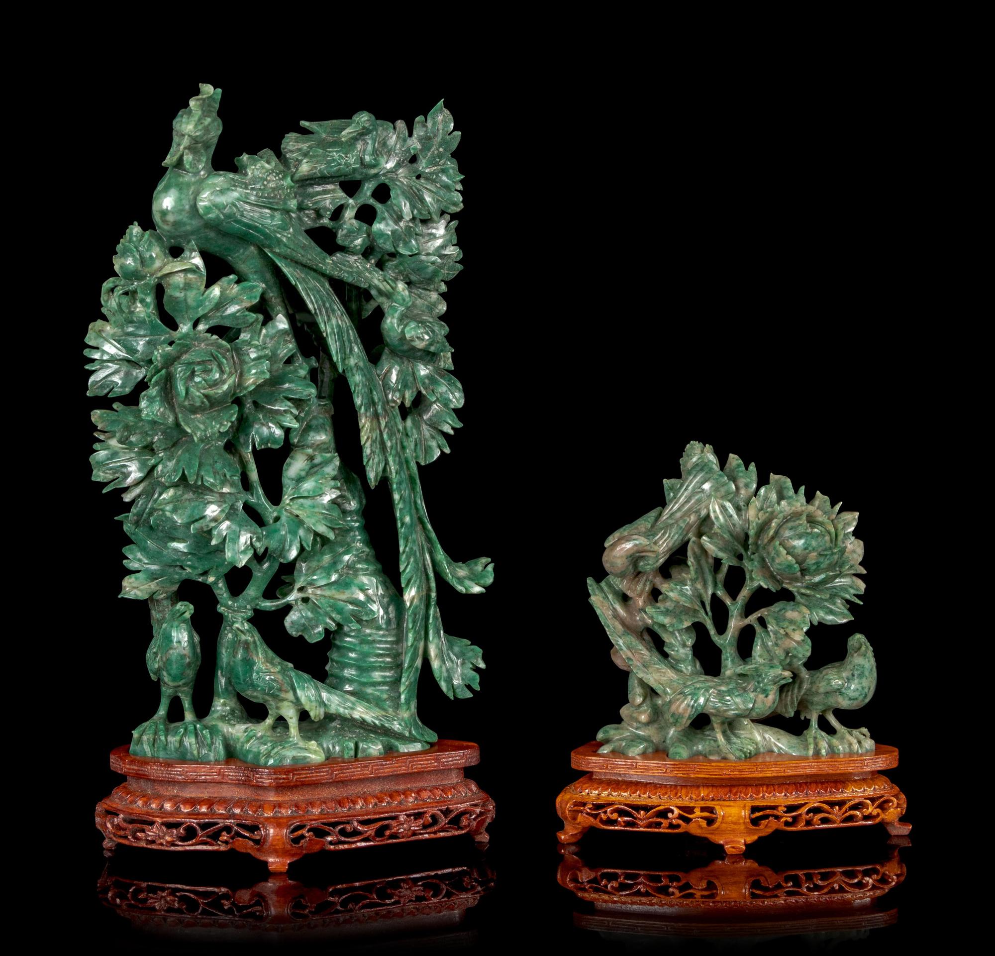 Two Chinese Green Hardstone Figural Groups of Birds