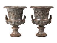 A Pair of Cast Iron Campagna-Form Garden Urns