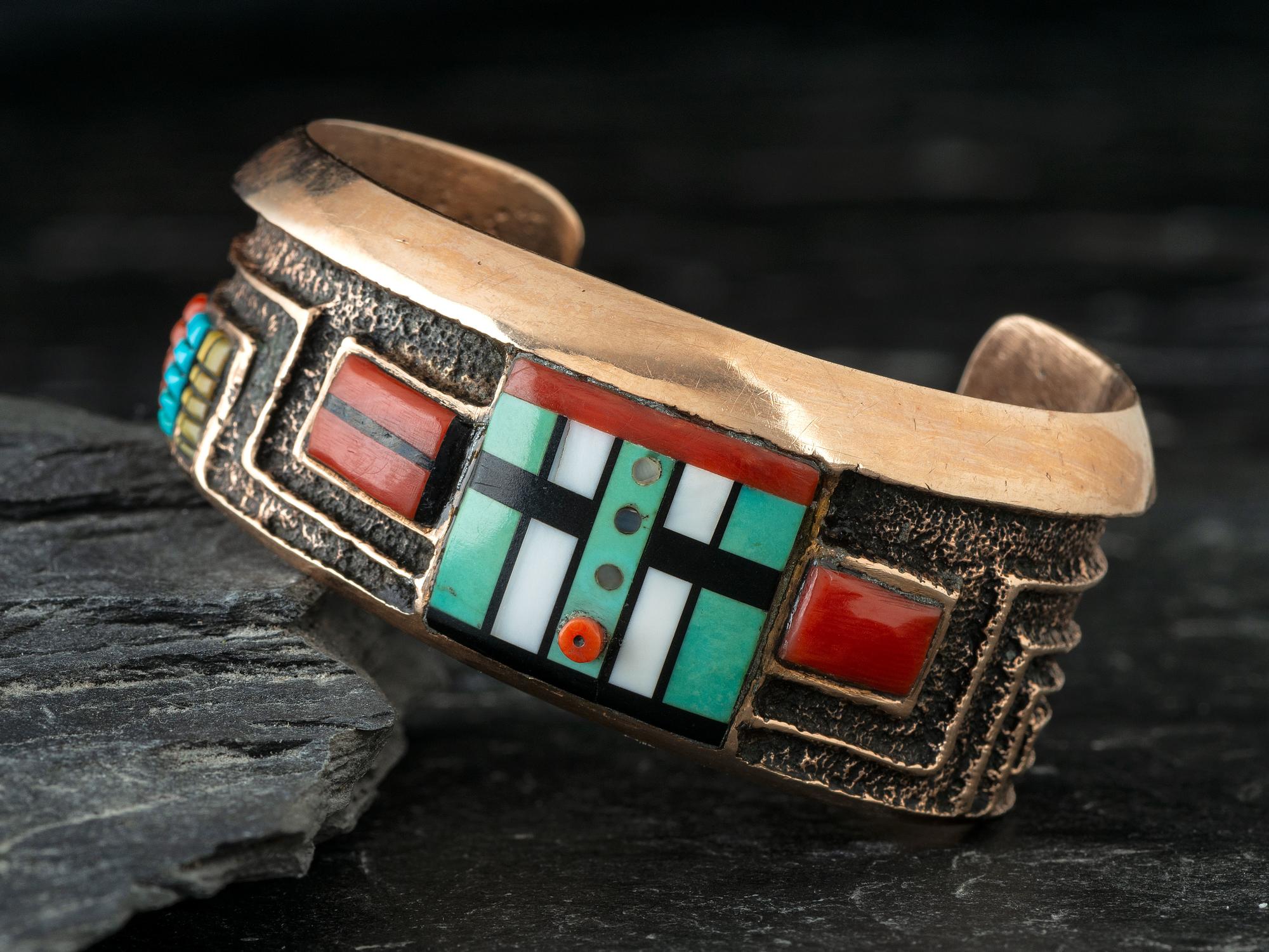 14K Gold Tufa Cast Cuff Bracelet, with Mosaic Inlay Katsina