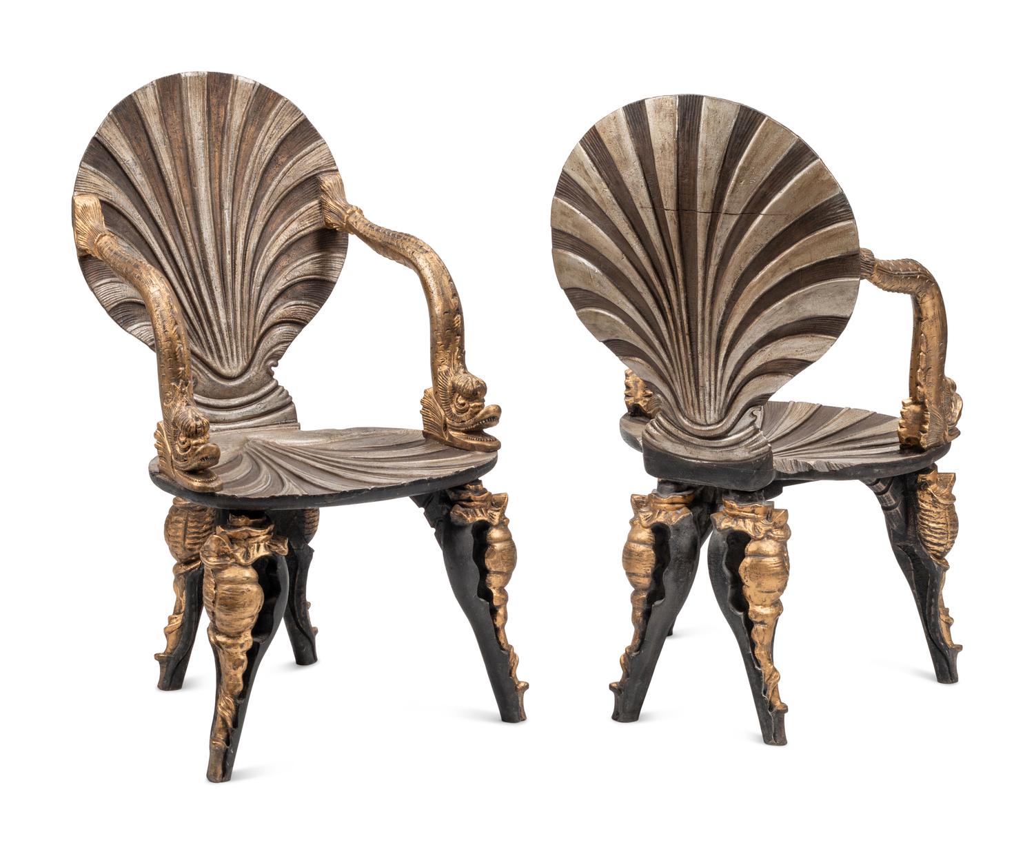 A Pair of Italian Grotto Style Gilt and Silvered Wood Armchairs