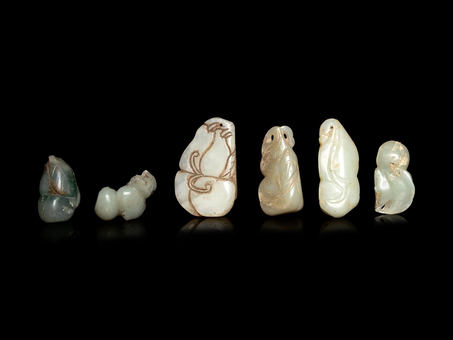Six Chinese Celadon Jade Carvings of Double Gourds