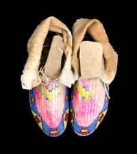 A Pair of Northern Plains Quillwork and Beaded Moccasins Length 10 inches.
