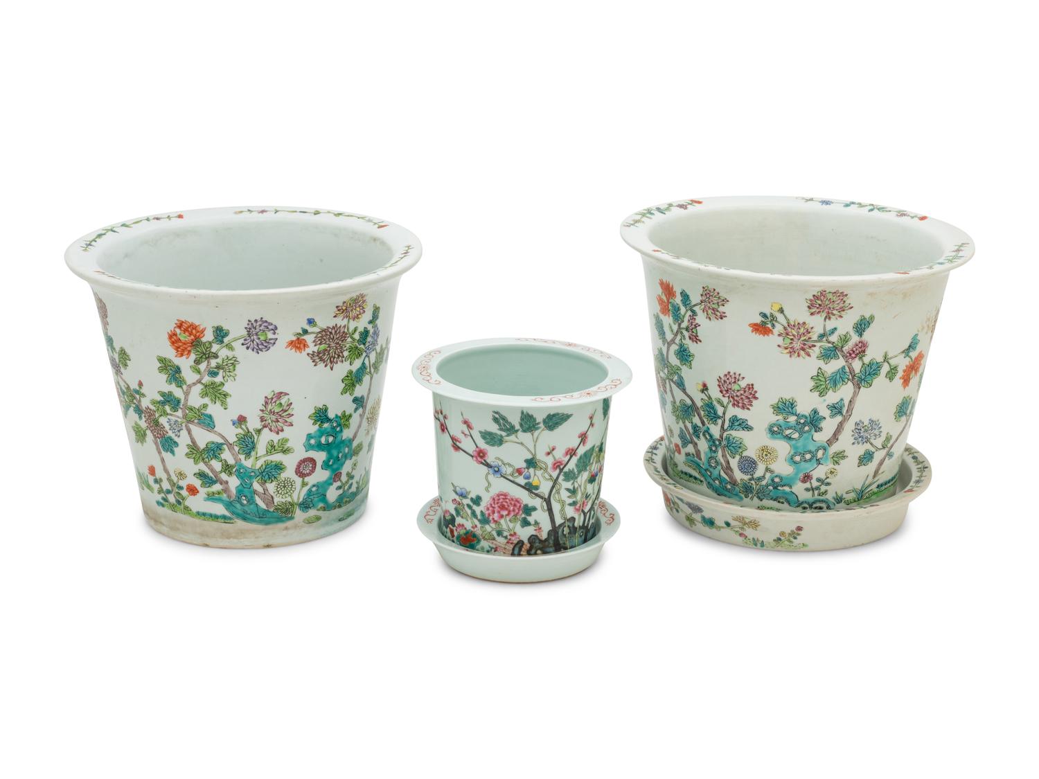Three Chinese Famille Rose Porcelain Flowers Pots
